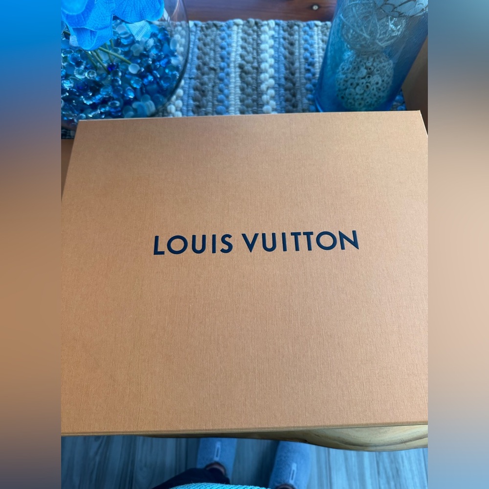 Three Louis Vuitton Items Tan Box with Navy Logo and 2 shopping bags